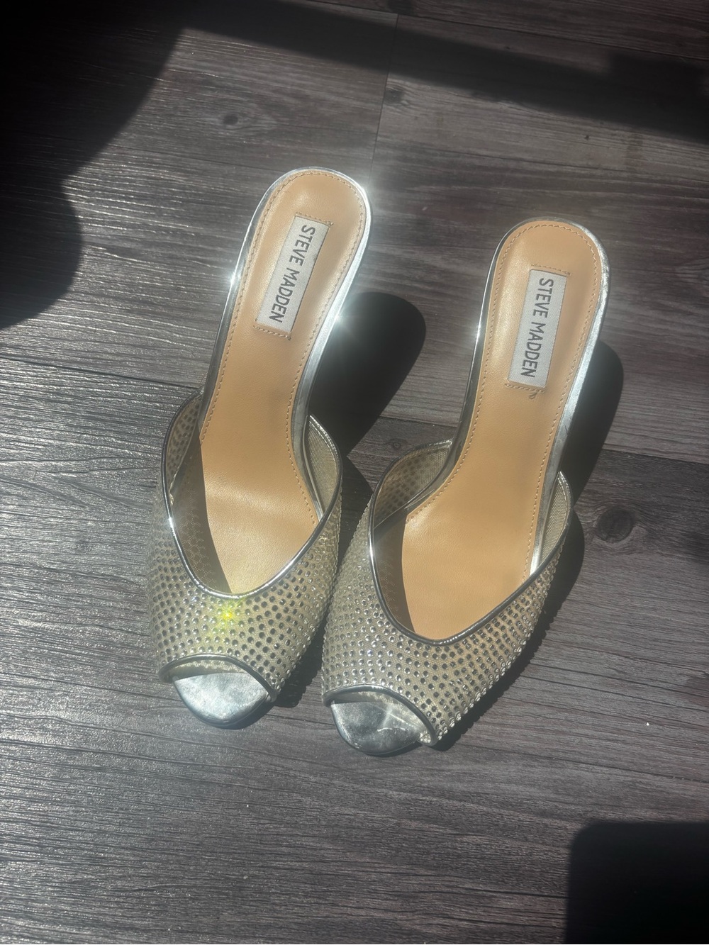 Steve Madden Silver Crystal Peep-Toe Mules